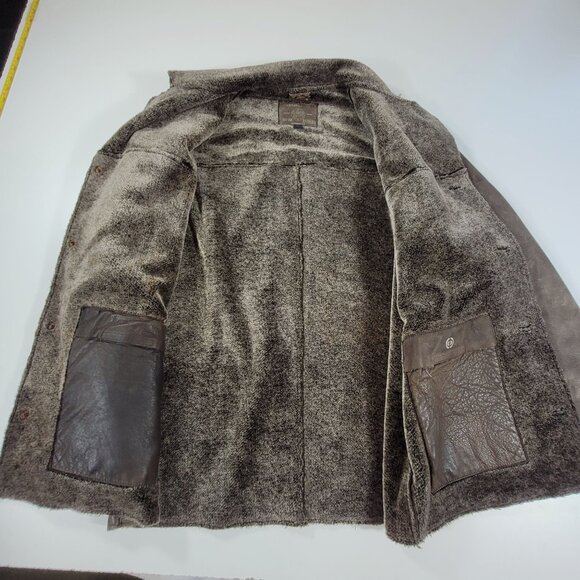 Men's Guess Leather Frontier Sherpa Fleece Lined Jacket Coat Sz Large Brown READ - Picture 3 of 16
